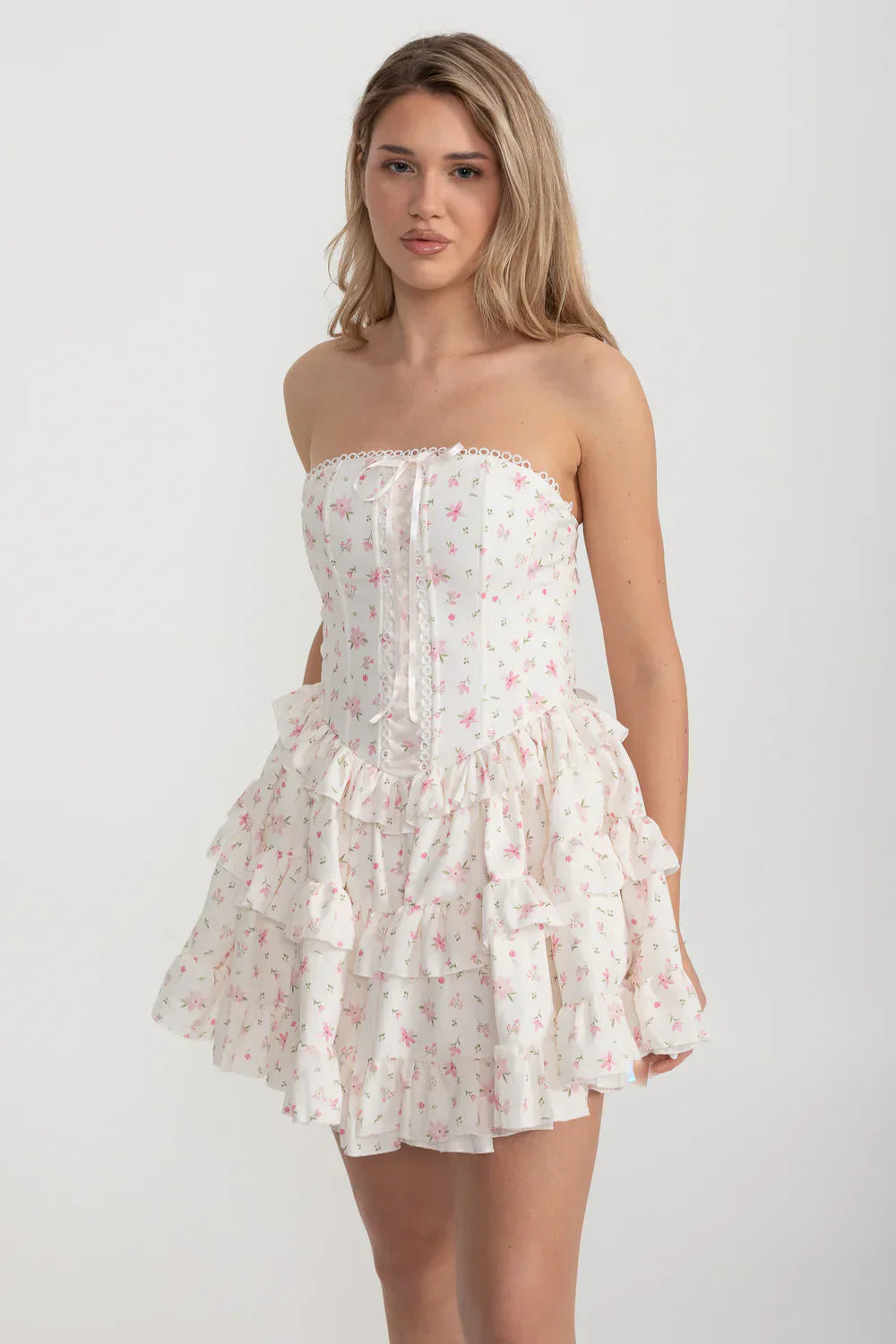 Martha Ruffle Printed Strapless Mini Dress In Pink Flowering Girl