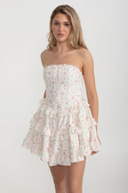 Martha Ruffle Printed Strapless Mini Dress In Pink Flowering Girl