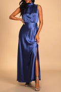 Blue Satin Sleeveless Mock Neck Maxi Dress Flowering Girl