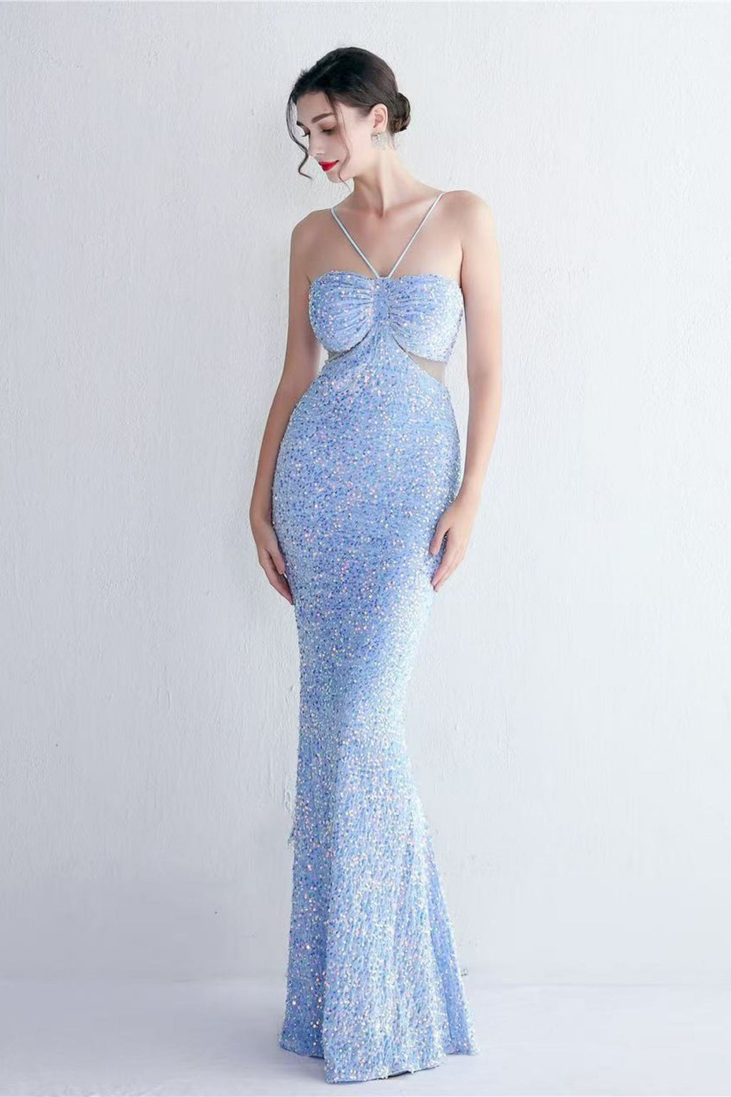Marian Blue Cutout Sequins Halter Maxi Dress Flowering Girl