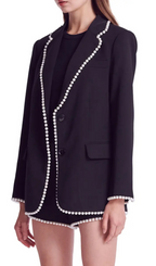 Imitation Pearl Trim Blazer In Black Flowering Girl