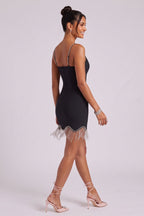 Black Structured Stretch Woven Bodycon Mini Dress with Rhinestone Fringe Flowering Girl