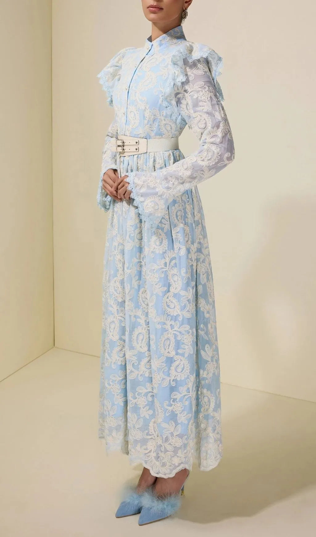Alma Chiffon Embroidered Single Breasted Midi Dress With Belt - Blue Flowering Girl