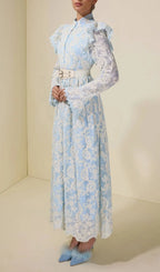 Alma Chiffon Embroidered Single Breasted Midi Dress With Belt - Blue Flowering Girl