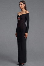Black Heavy Stretch Crepe Column Gown with Rhinestone Heart Embellishment Flowering Girl