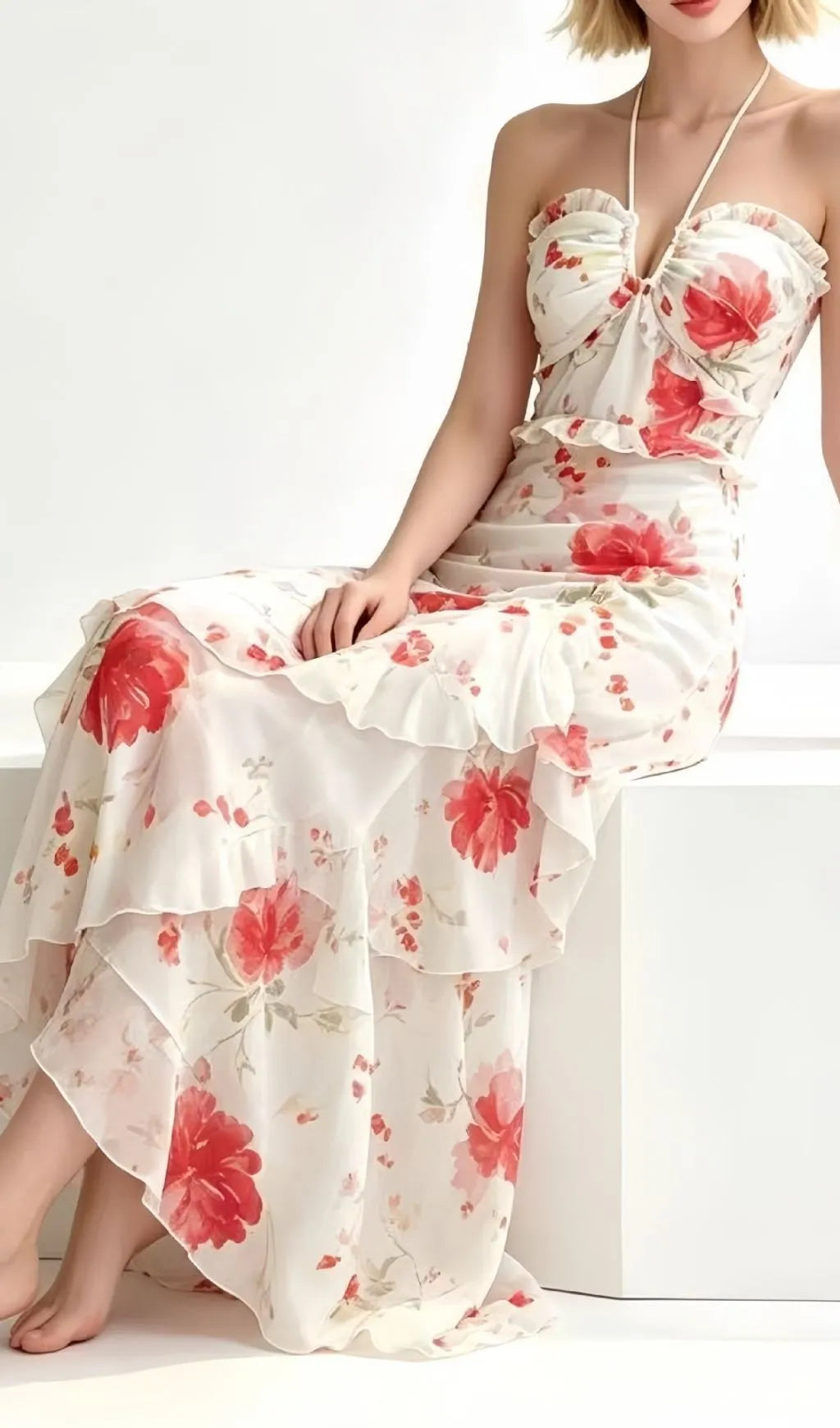Lavish Halter Floral Ruffle Maxi Dress Flowering Girl