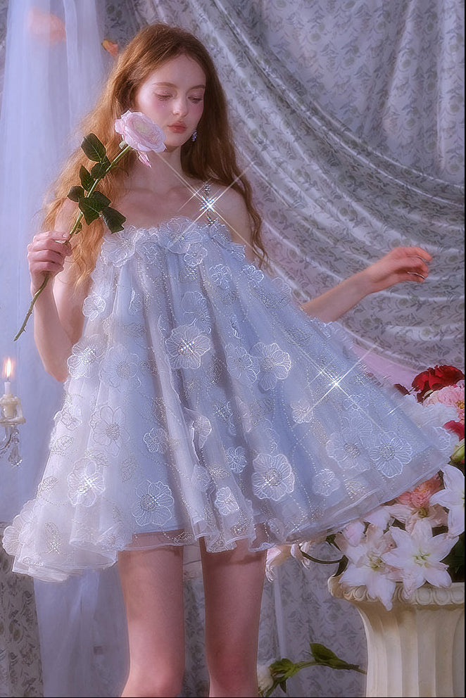 Tutu Light Blue Sleeveless Flower Diamond Short Doll Dress Flowering Girl