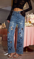 Gorvila Rhinestone Floral Cutout Jeans Flowering Girl