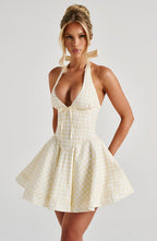 Doris Mini Dress - Lemon Gingham Flowering Girl