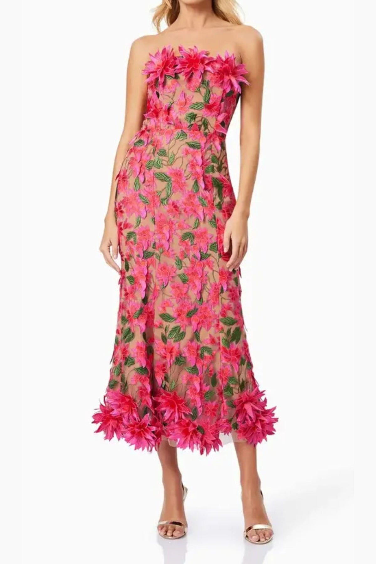 3D Flower Embroidery Strapless Midi Dress In Rose Red Flowering Girl