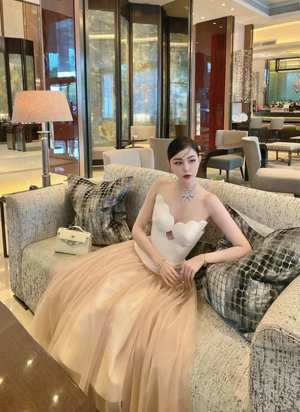 Two-Tone Hollow Tube Top Tulle Midi Dress Flowering Girl
