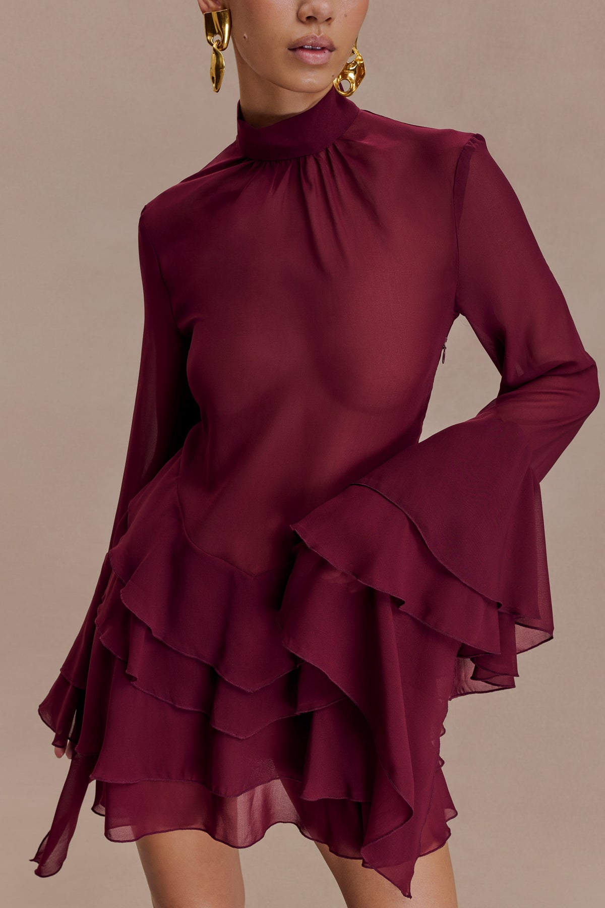 Chiffon Ruffle Mini Dress - Wine Flowering Girl