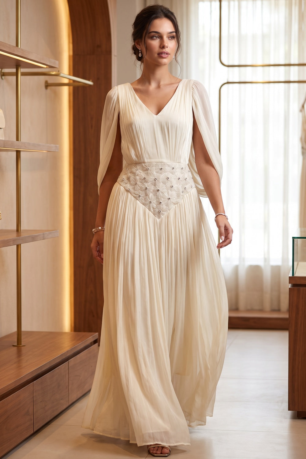 Cream Chiffon A-Line Gown with Cape Sleeves Flowering Girl