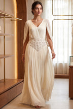 Cream Chiffon A-Line Gown with Cape Sleeves Flowering Girl