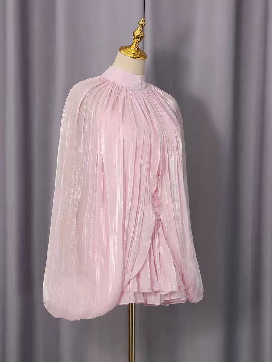 High Neck Keyhole Cape Puff Sleeve Ruched Pleated Mini Dress Flowering Girl