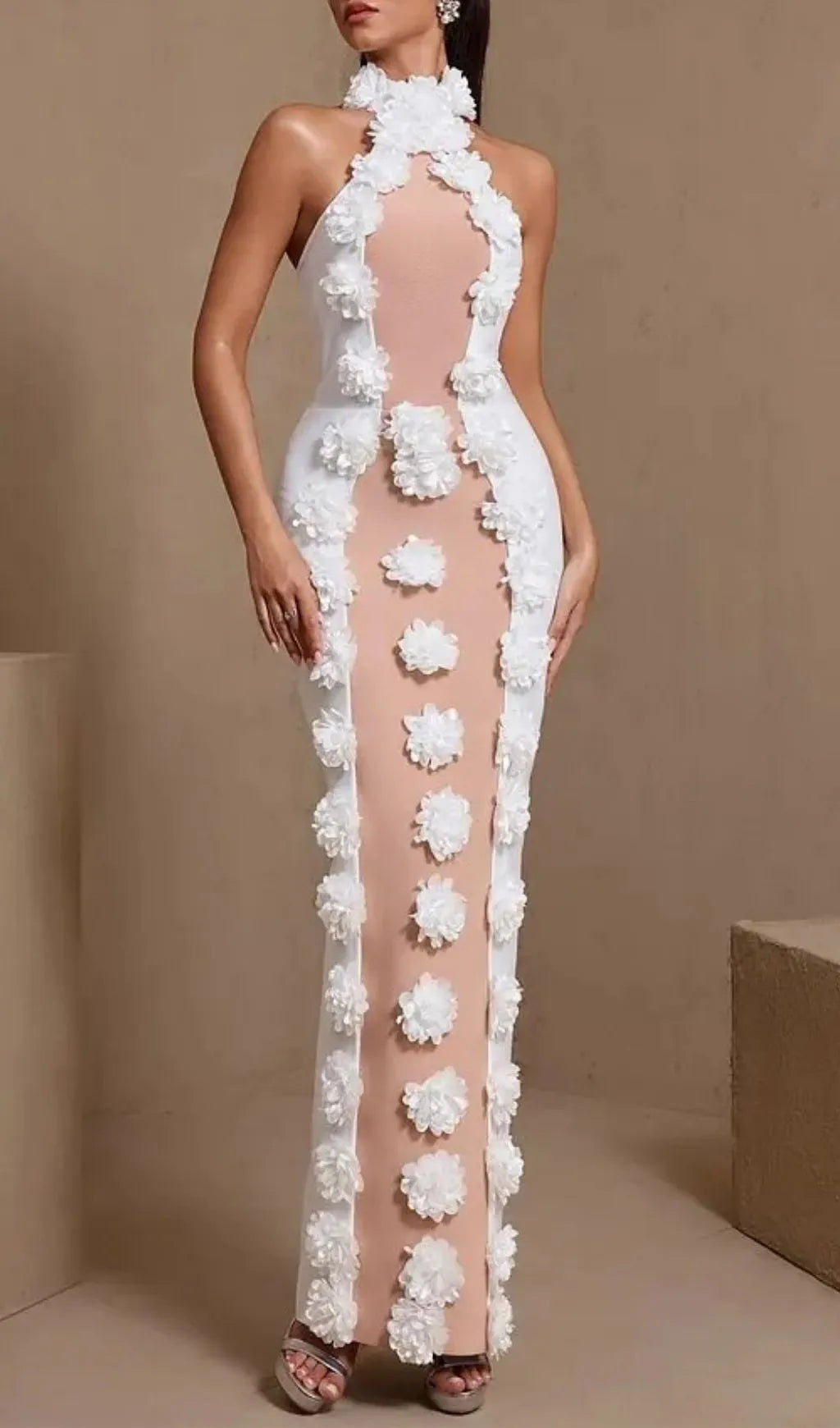 Jennifer White Halter Neck 3D Flowers Bandage Maxi Dress Flowering Girl