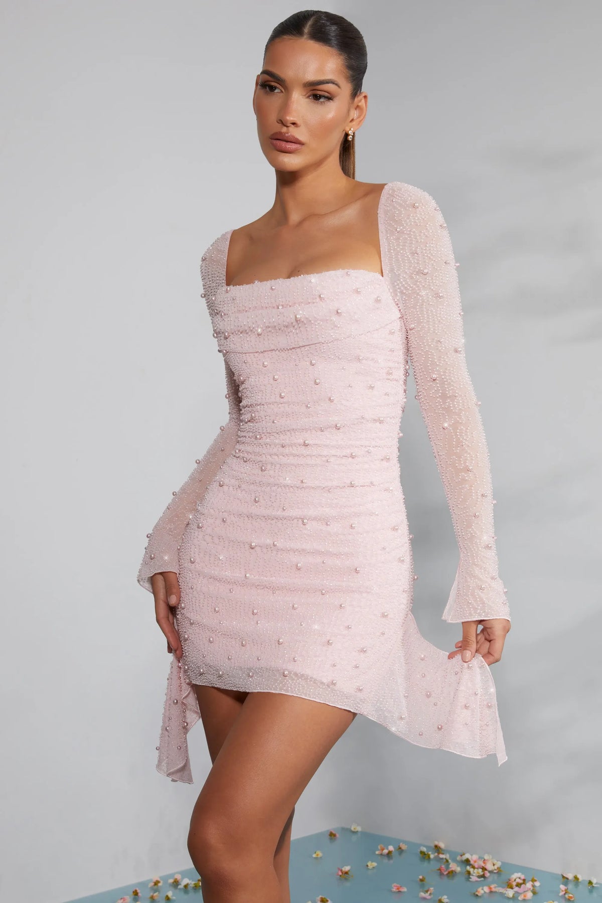 Long Sleeve Embellished Cowl Neck Mini Dress In Blush Flowering Girl
