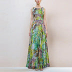 Green Flower Sleeveless Large Swing Maxi Dress Flowering Girl