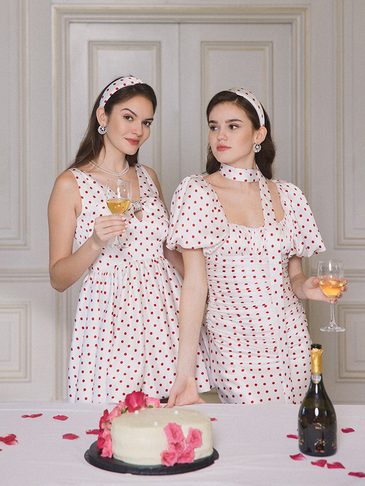 Red Polka Dot Bubble Sleeve Midi Dress Flowering Girl
