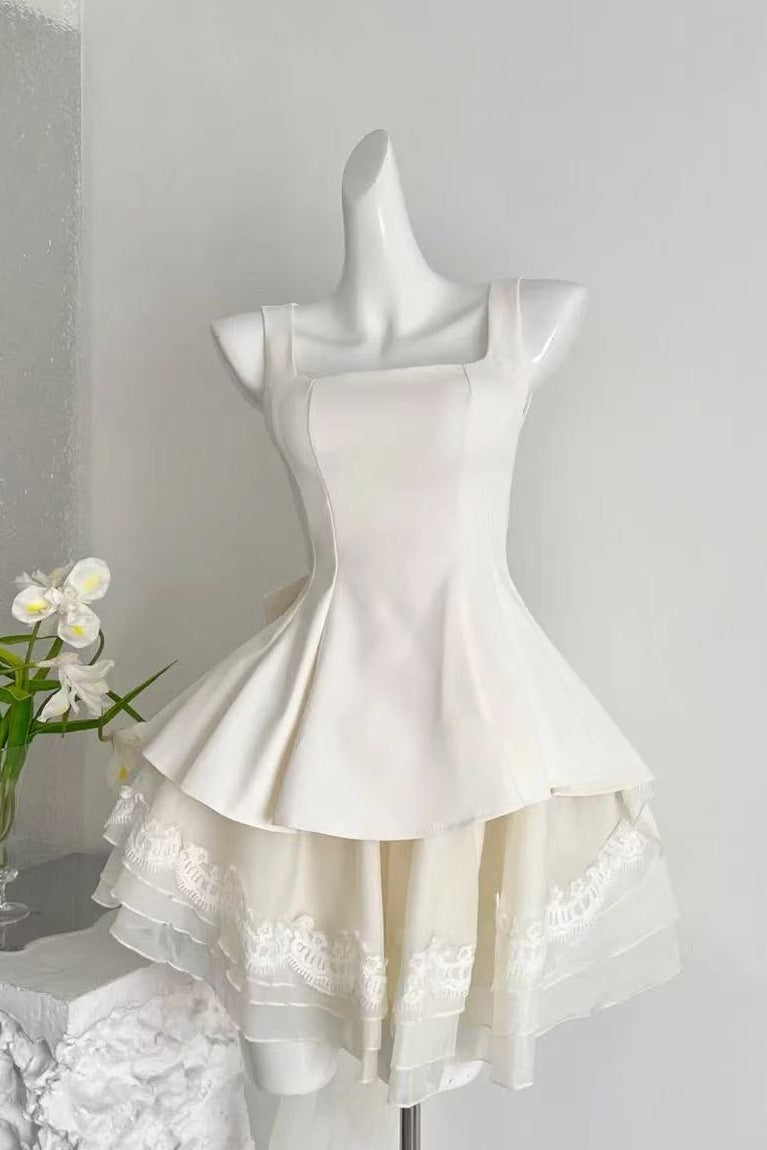 White Square Neck Corset Layer Lace Mini Dress Flowering Girl