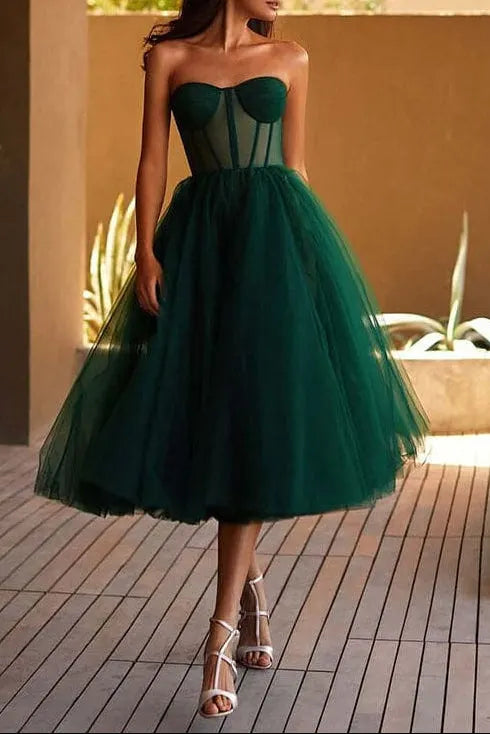 Emerald Green Strapless Puffy Midi Tulle Dress Flowering Girl