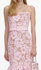 Simona Pink Crochet Lace Hollow Midi Dress Flowering Girl