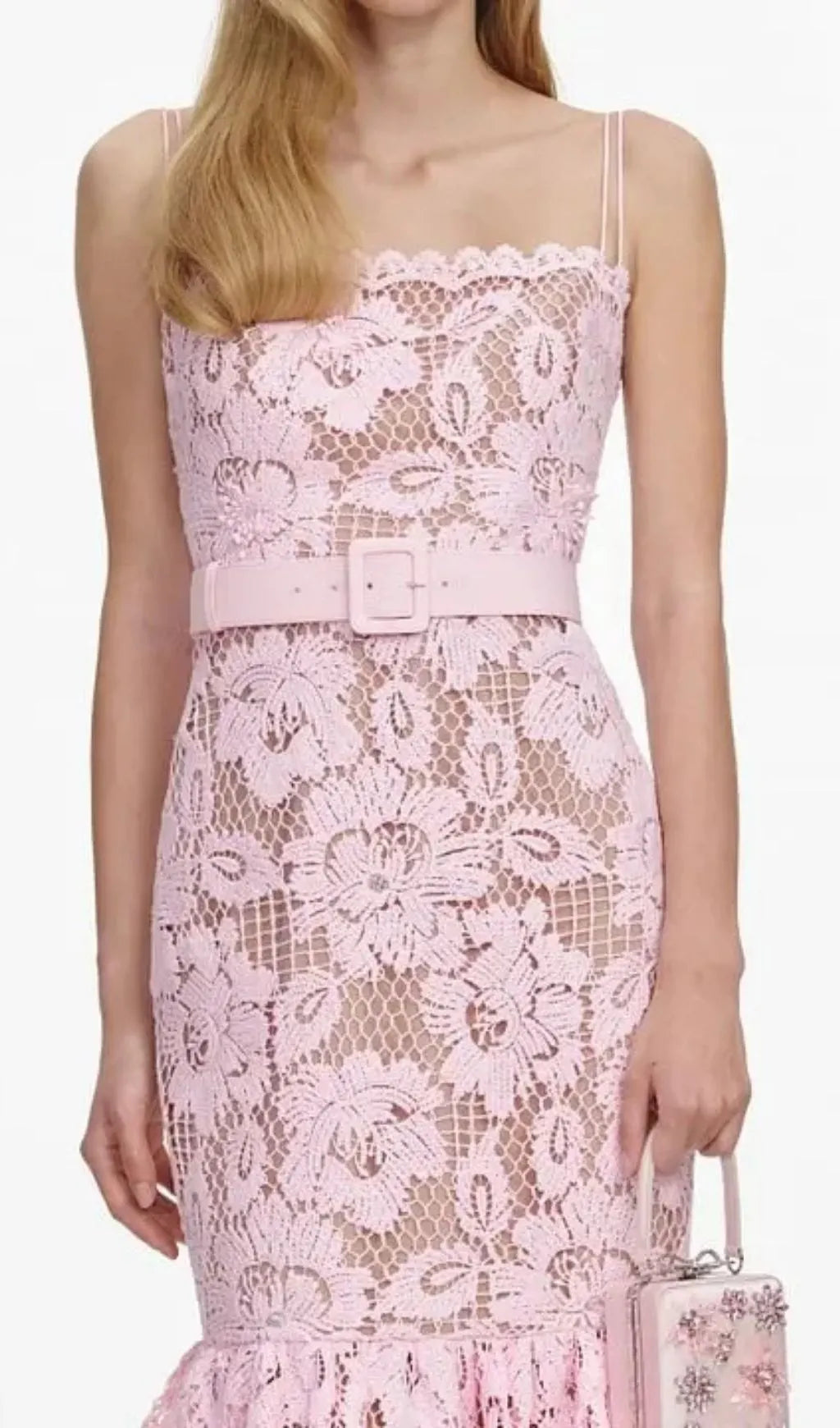Simona Pink Crochet Lace Hollow Midi Dress Flowering Girl