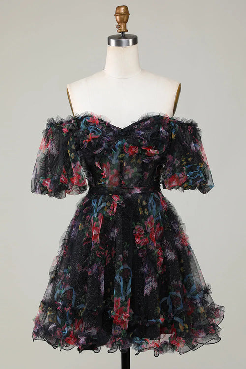 A Line Off Shoulder Fuchsia Tulle Short Homecoming Dress With Short Sleeves Flowering Girl