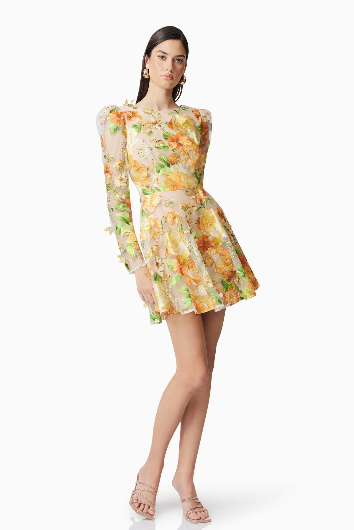 Aella A-Line Floral Embroidery Mini Dress In Yellow Flowering Girl