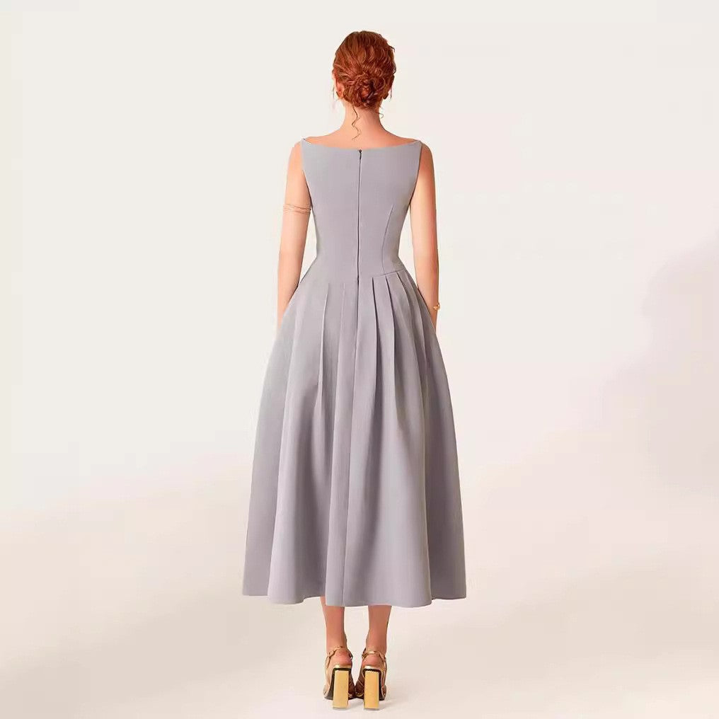 Sleeveless Pleated Slit Midi Dress In Gray Flowering Girl