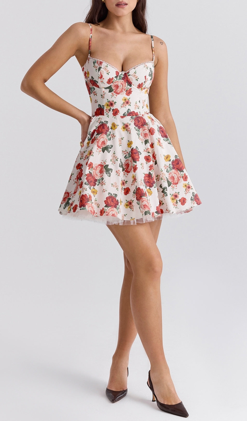 Aqua Rose Print Tulle Mini Dress Flowering Girl