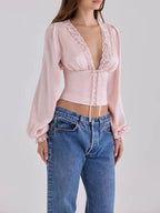 Maysa Pink Satin Lace Long Sleeve Top Flowering Girl