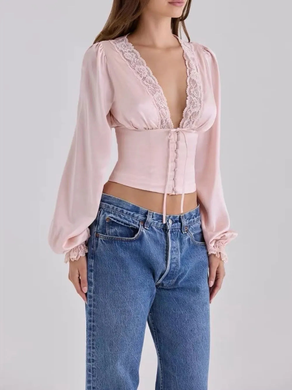 Maysa Pink Satin Lace Long Sleeve Top Flowering Girl