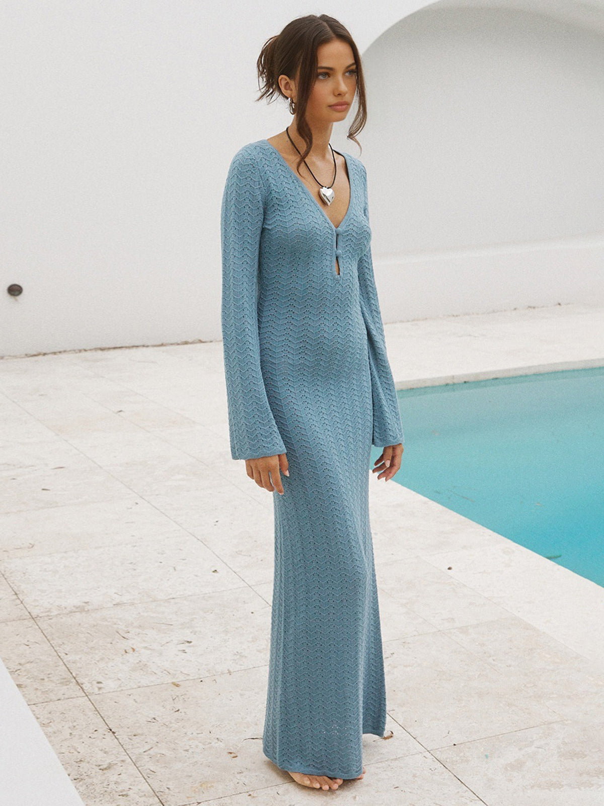 Blue Long Knit Dress Flowering Girl