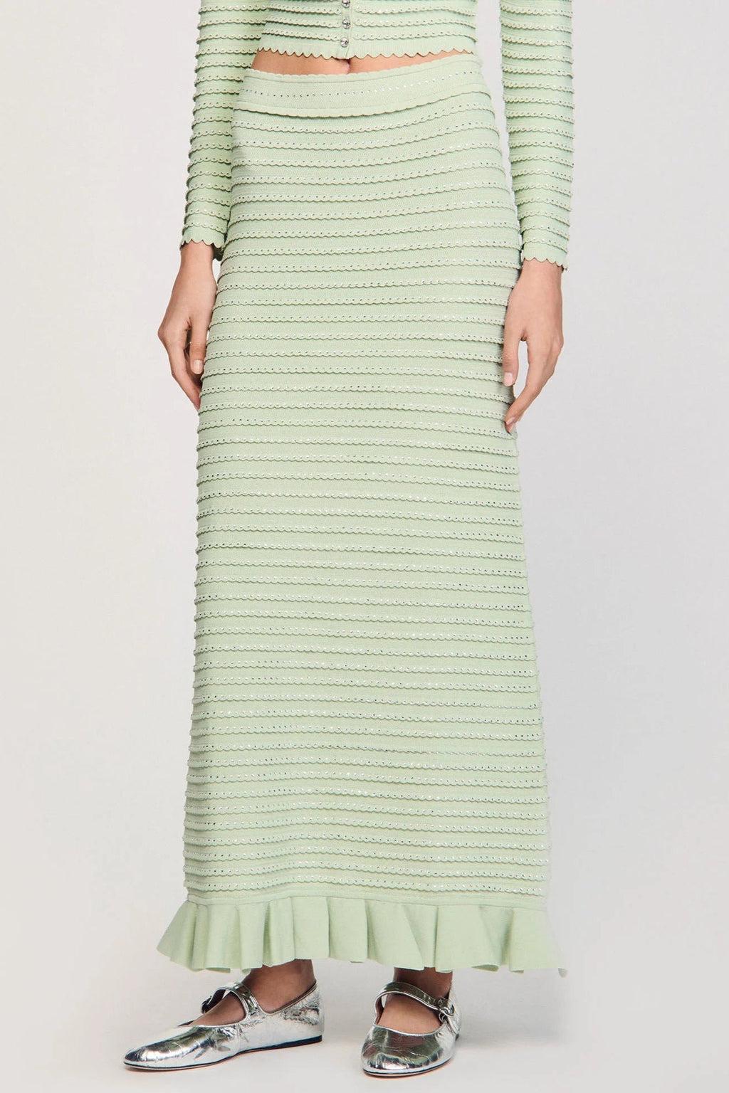 Rhinestone Knit Maxi Skirt In Almond Green Flowering Girl