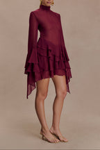 Chiffon Ruffle Mini Dress - Wine Flowering Girl
