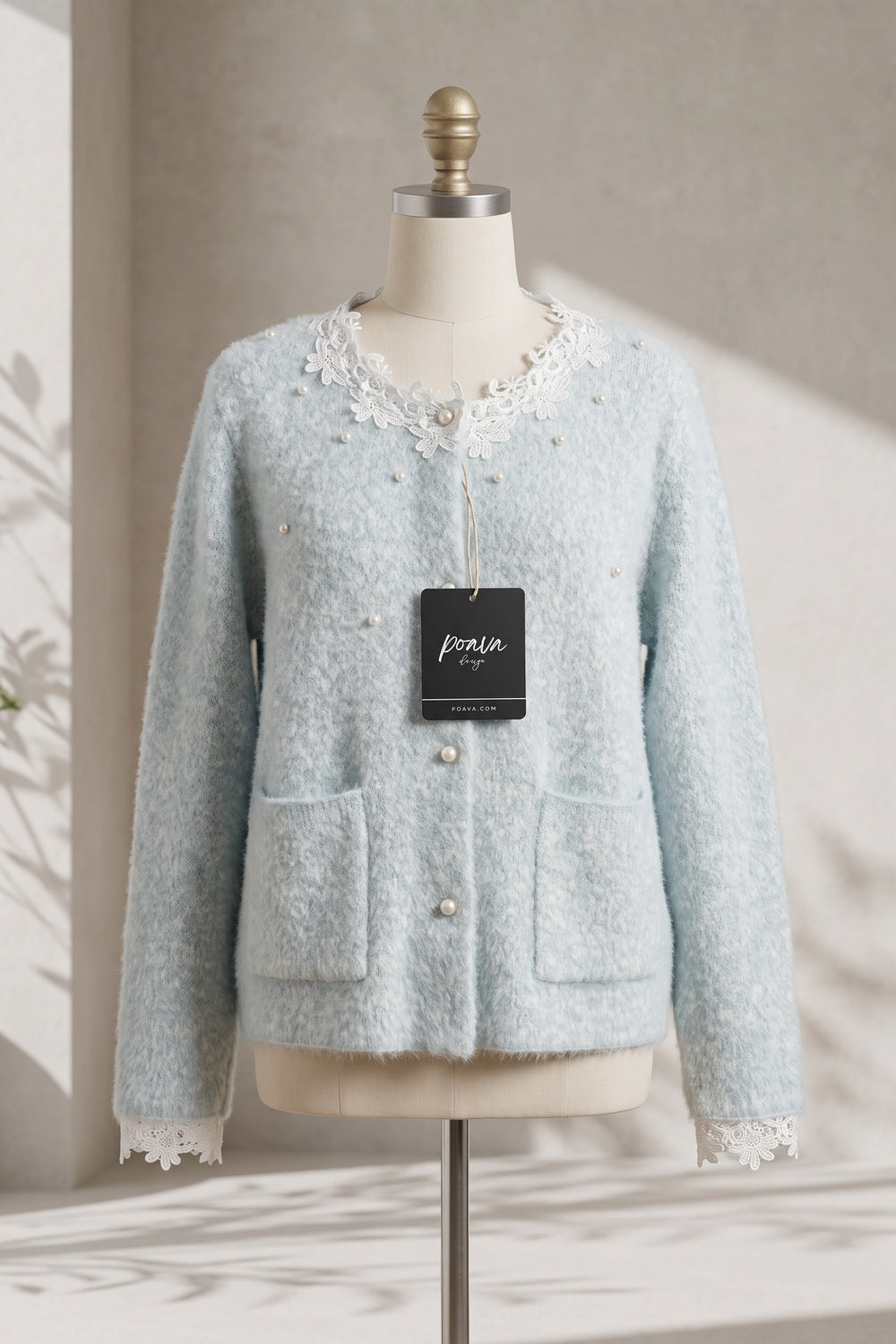 Pale Ice Blue Mohair-Blend Knit Boxy, Slightly Cropped Cardigan Flowering Girl