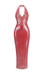 Brona Rose Red Halter Sequin Maxi Dress Flowering Girl