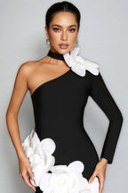Gemma One Shoulder 3D Flower Bandage Maxi Dress In Black Flowering Girl