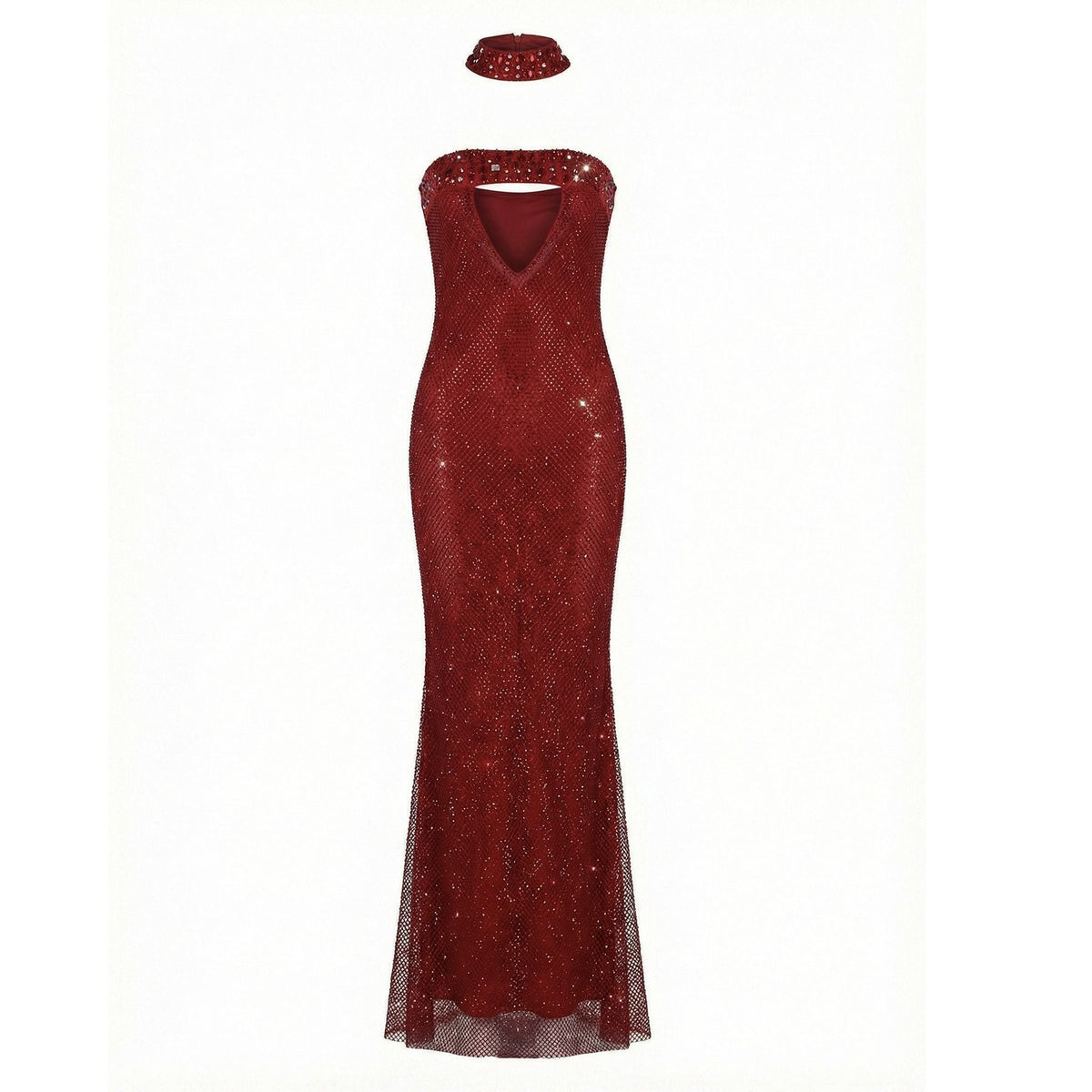 Sherry Rhinestone Embellished Cutout Sequin Strapless Maxi Dress - Red Flowering Girl