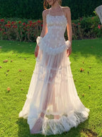 Marija White Spaghetti Mesh Maxi Dress Flowering Girl
