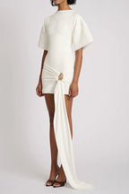 Draped Embellished Mini Dress - White Flowering Girl