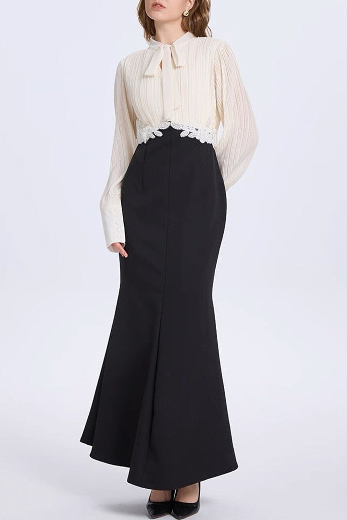 Carlin Balloon Sleeve Ruched Tie Up Midi Dress - White & Black Flowering Girl