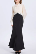 Carlin Balloon Sleeve Ruched Tie Up Midi Dress - White & Black Flowering Girl