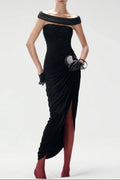 Lola Black Off-Shoulder Asymmetrical-Draped High Slit Maxi Dress Flowering Girl