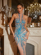 Christene High Neck Rhinestone Dress In Blue Flowering Girl