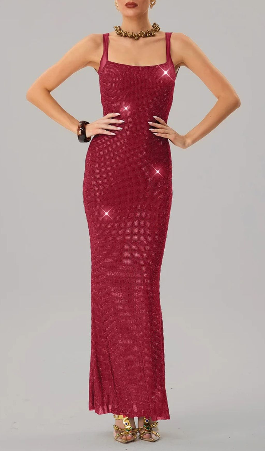 Jouncegrid Backless Rhinestone Maxi Dress In Red Flowering Girl