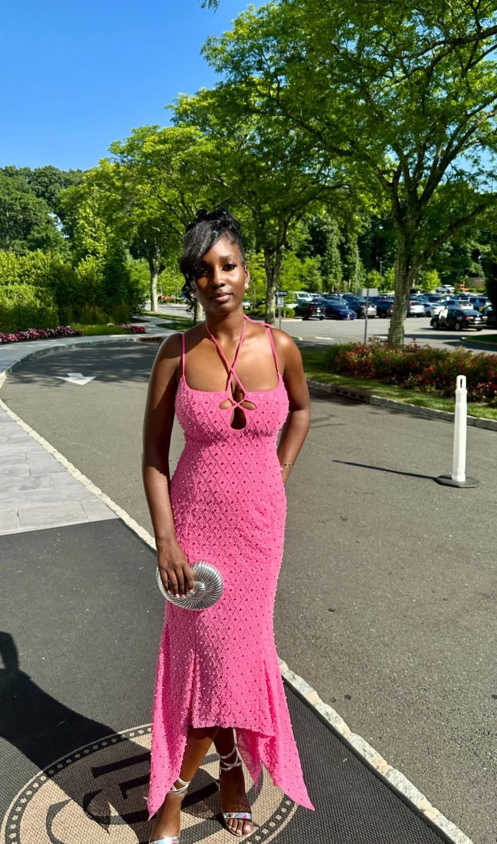 Bakwina Pink Pearl Sequin Lace Up Maxi Dress Flowering Girl