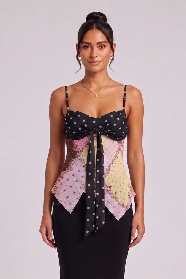 Black Sheer Chiffon Fitted Bodice with Asymmetrical Handkerchief Hem Camisole Top Flowering Girl