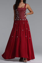 Square Strap Grid Rhinestone Pearl Flowy Maxi Dress Flowering Girl